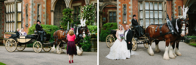 Wedding guest taking photos of bride with horse and carriage