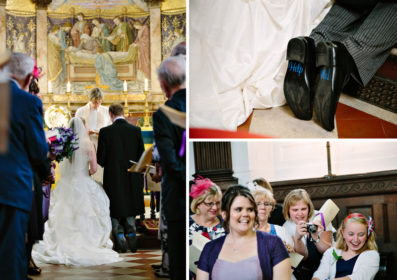 Groom has Help Me written on the bottom of his shoes