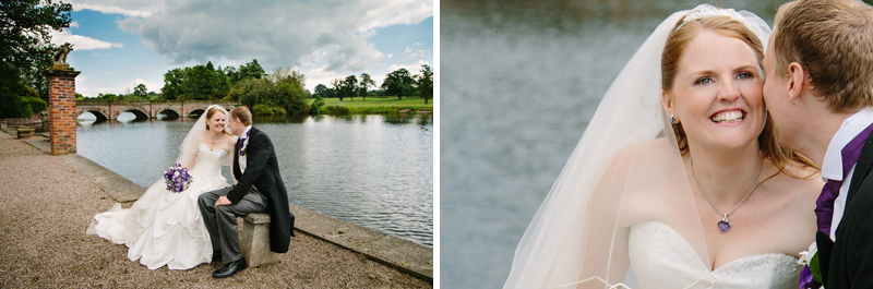 Bride and Groom sitting on a seat near the lake