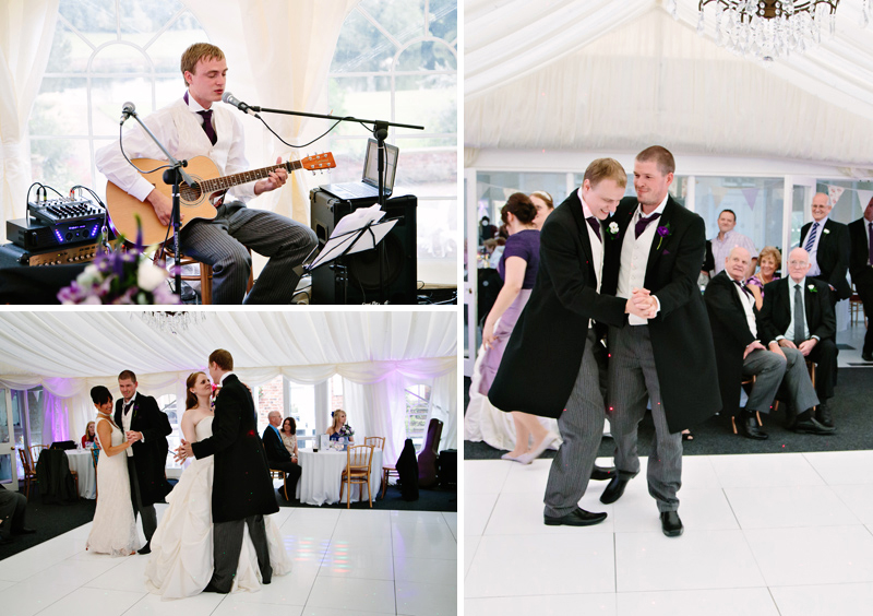Best Man playing guitar at evening reception while Groom dances 