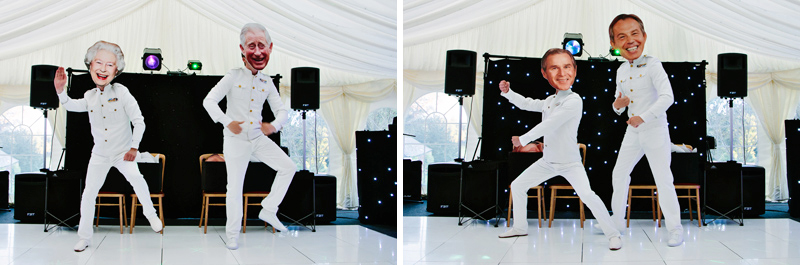 Bride and Groom dancing with Queen and Prince Charles face masks