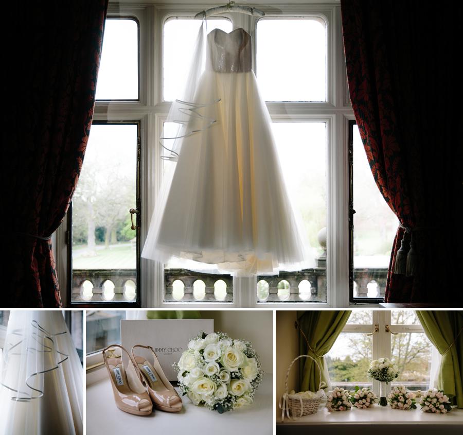 Brides wedding dress and bouquet