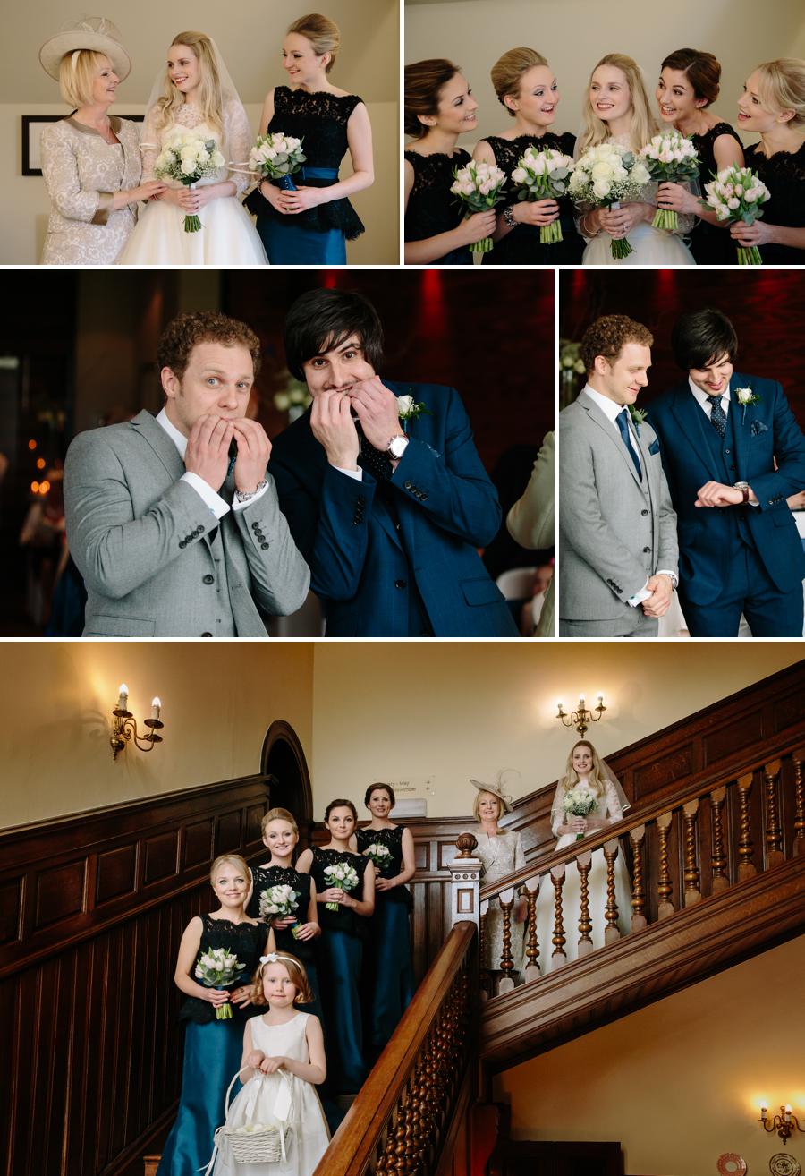 Bride and bridesmaids on the staircase at Rookery Hall