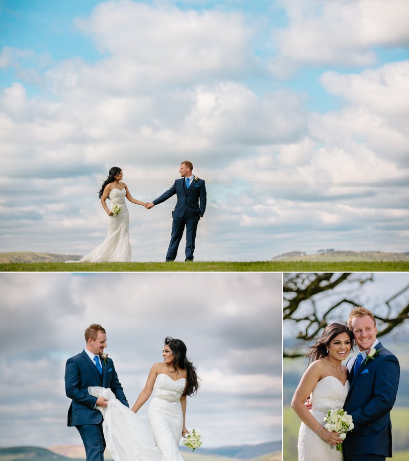 Stunning view Heaton House Farm with the bride and groom walking together