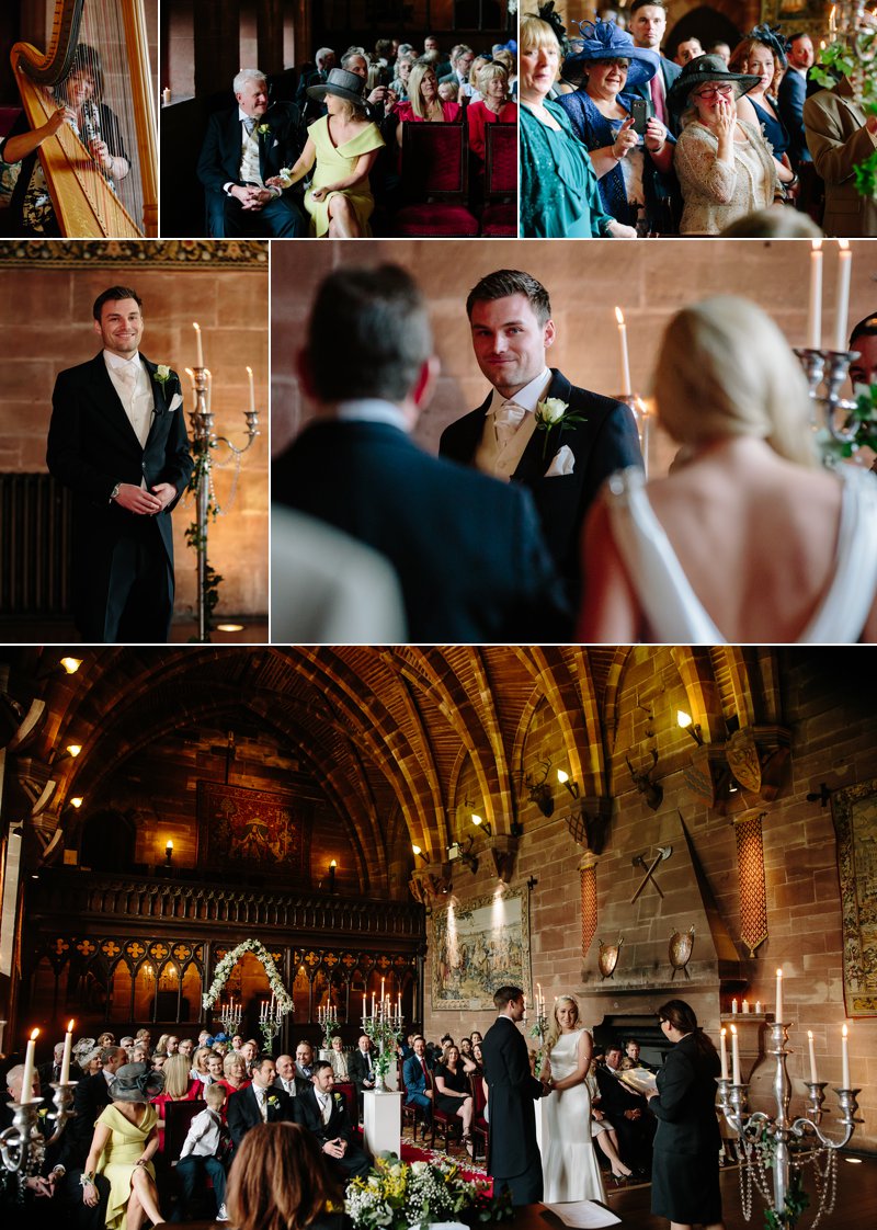 First look with groom seeing his bride walk down the aisle