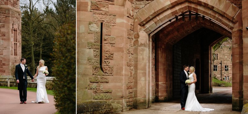 Bride and Groom walking to castle drawbridge