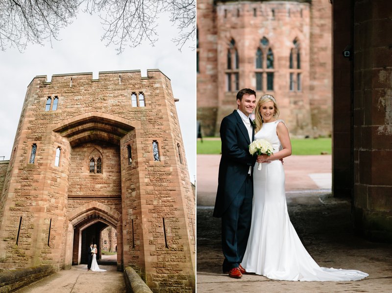 Bride and Groom at the drawbridge at Peckforton Castle