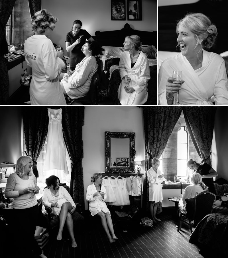 Bride and bridesmaids having hair and makeup