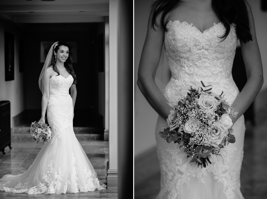 The bride with her dress and bouquet