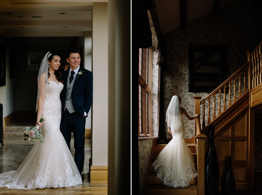 the bride and groom on the staircase