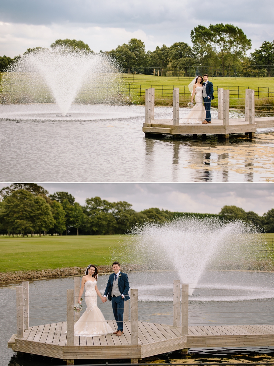 Bride and groom with the water fountain at Merrydale Manor