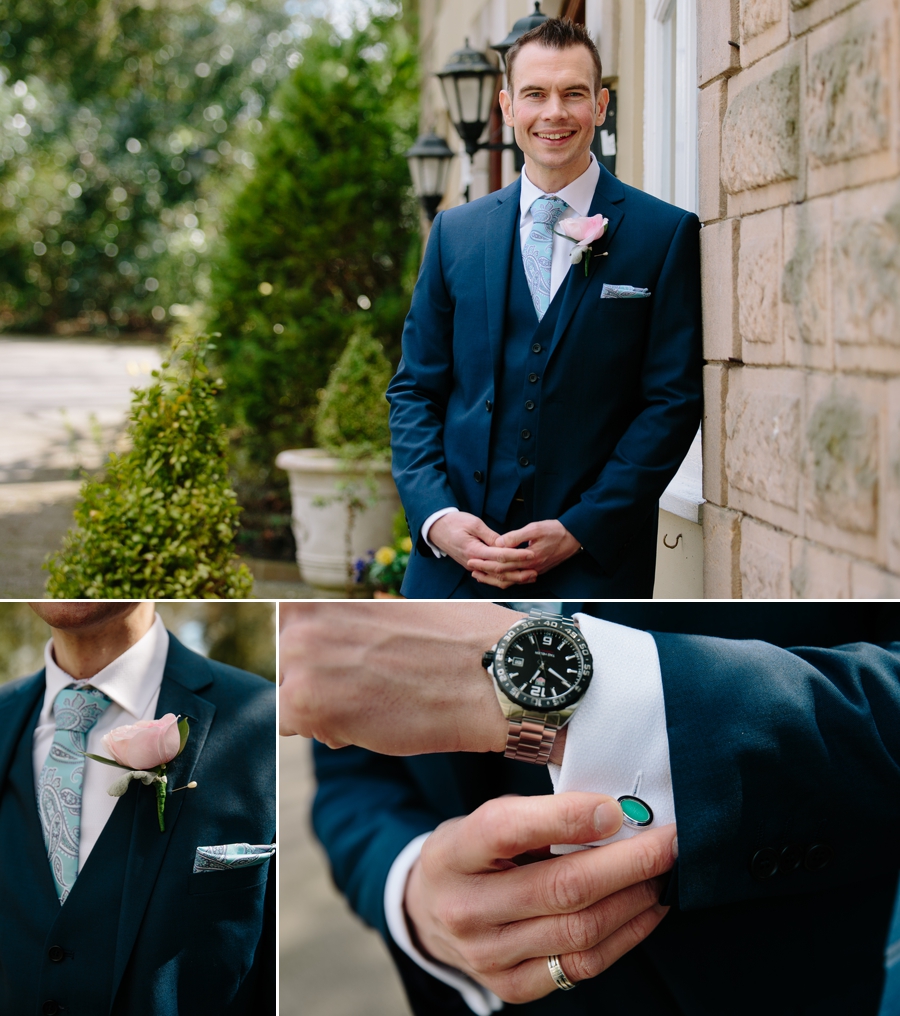 Groom looking cool with his cufflinks and buttonhole