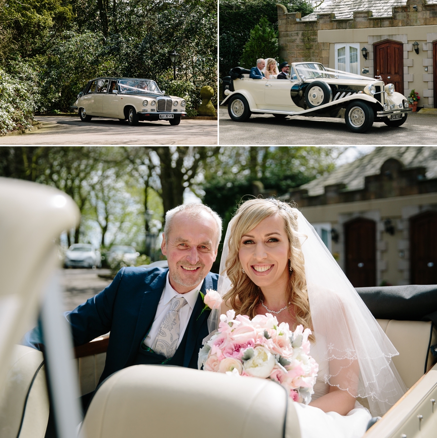 Bride arriving with her father in the wedding car