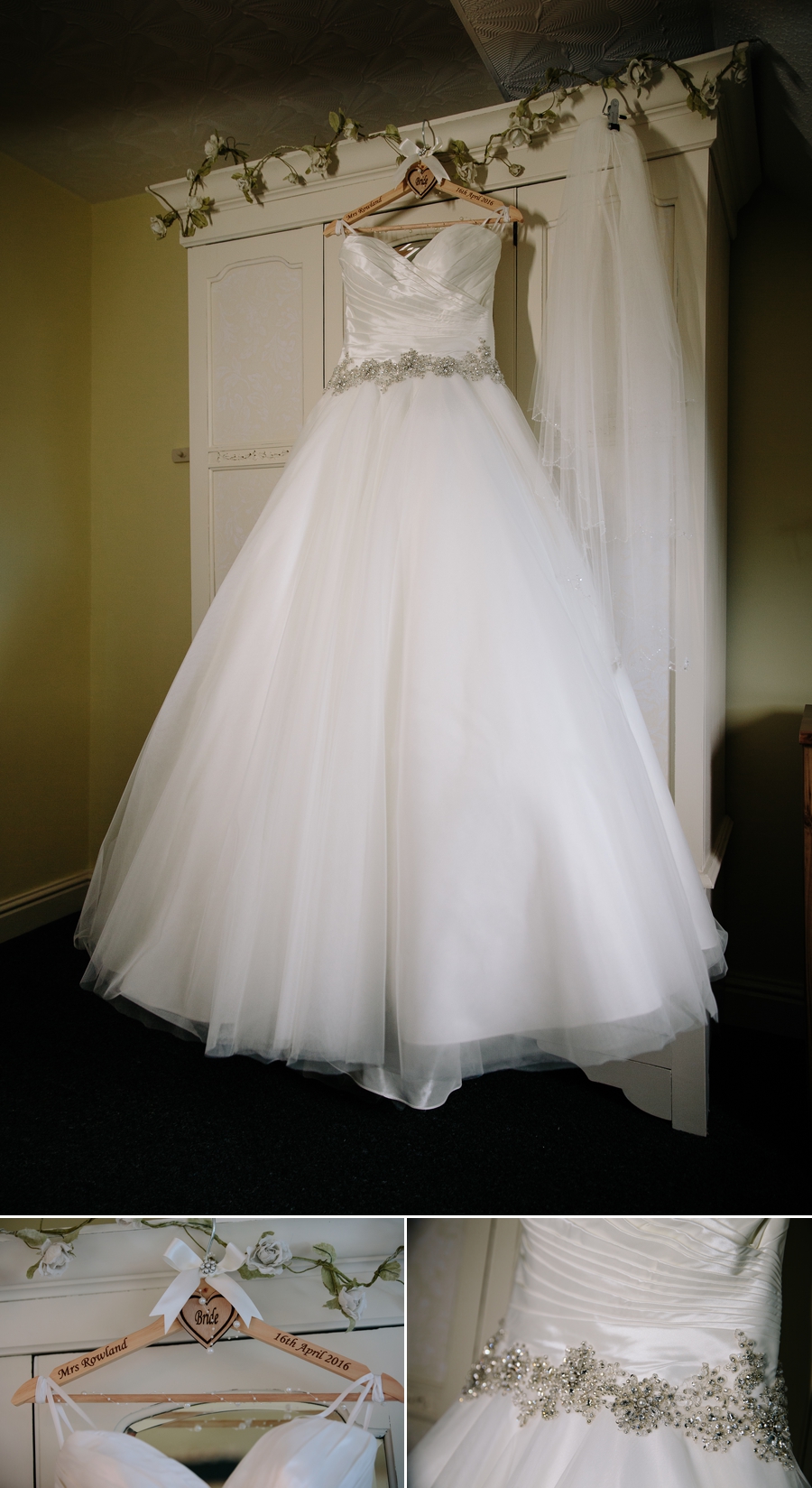 Wedding dress hanging up