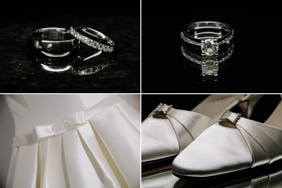 The wedding rings, the wedding dress and the brides shoes