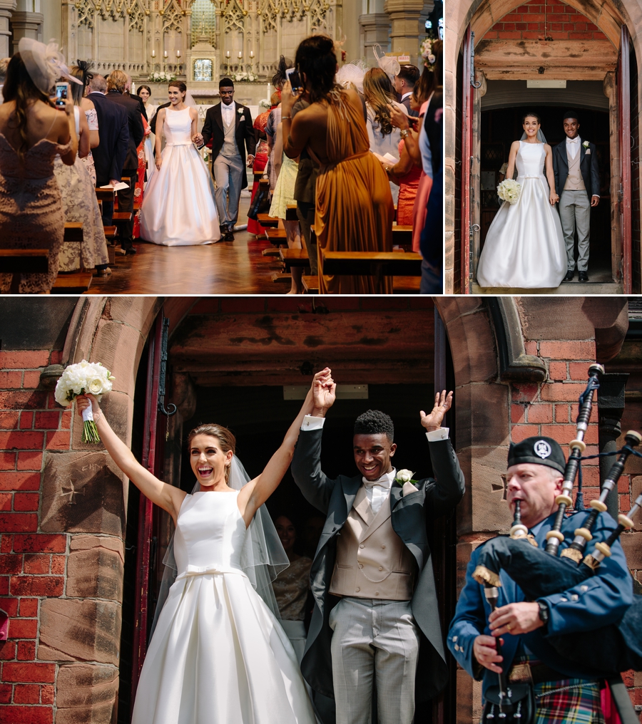 Bride and groom exiting the church with bagpipes paying