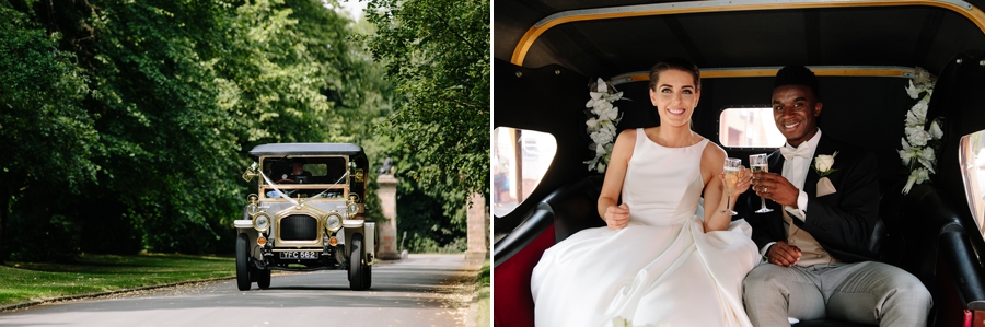 Bride and groom having drinks as they arrive in the wedding car