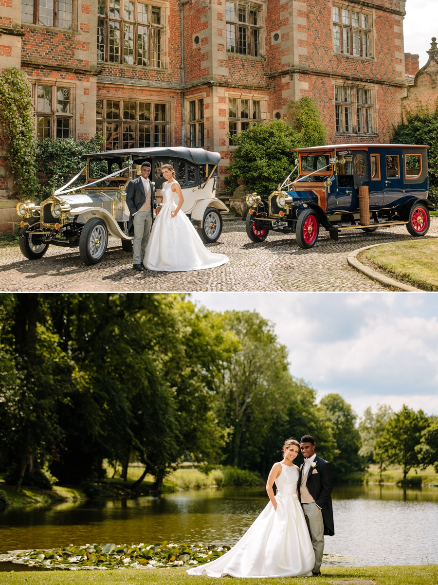 Bride and groom at Dorfold Hall with the wedding cars and in front of the lake