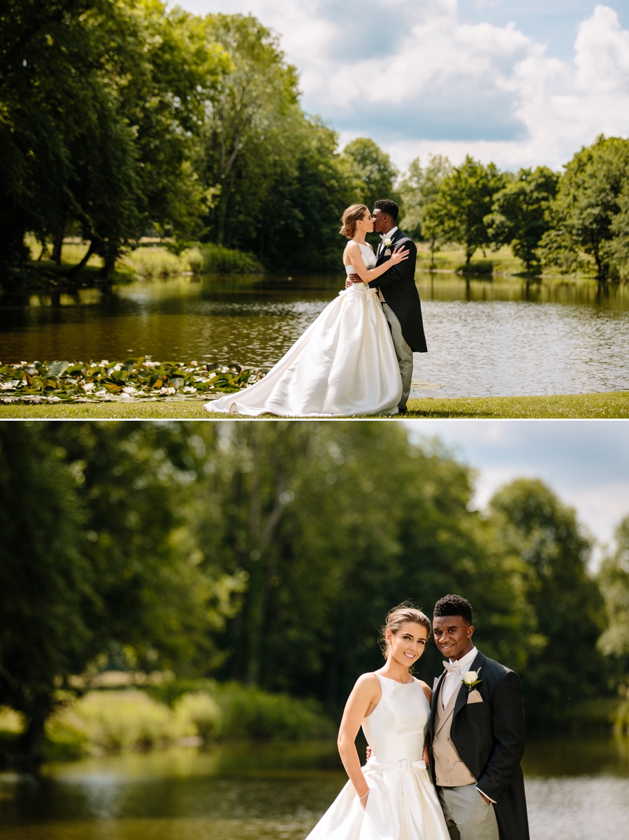 Bride and groom in front of the lake at Dorfold Hall