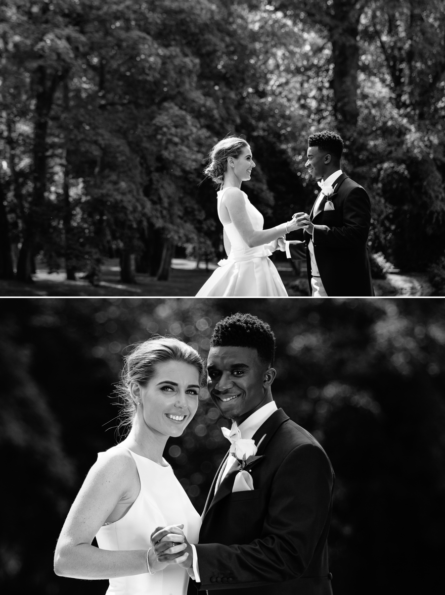 Black and white images of the bride and groom in the sunshine