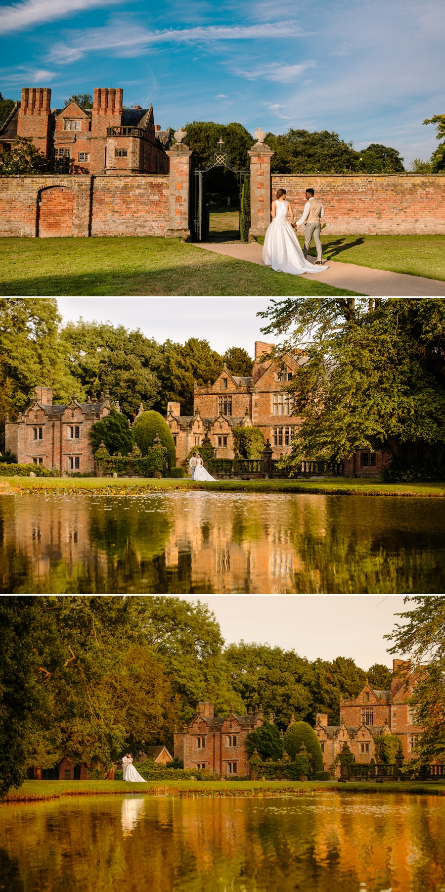 Bride and groom in evening sun by the lake