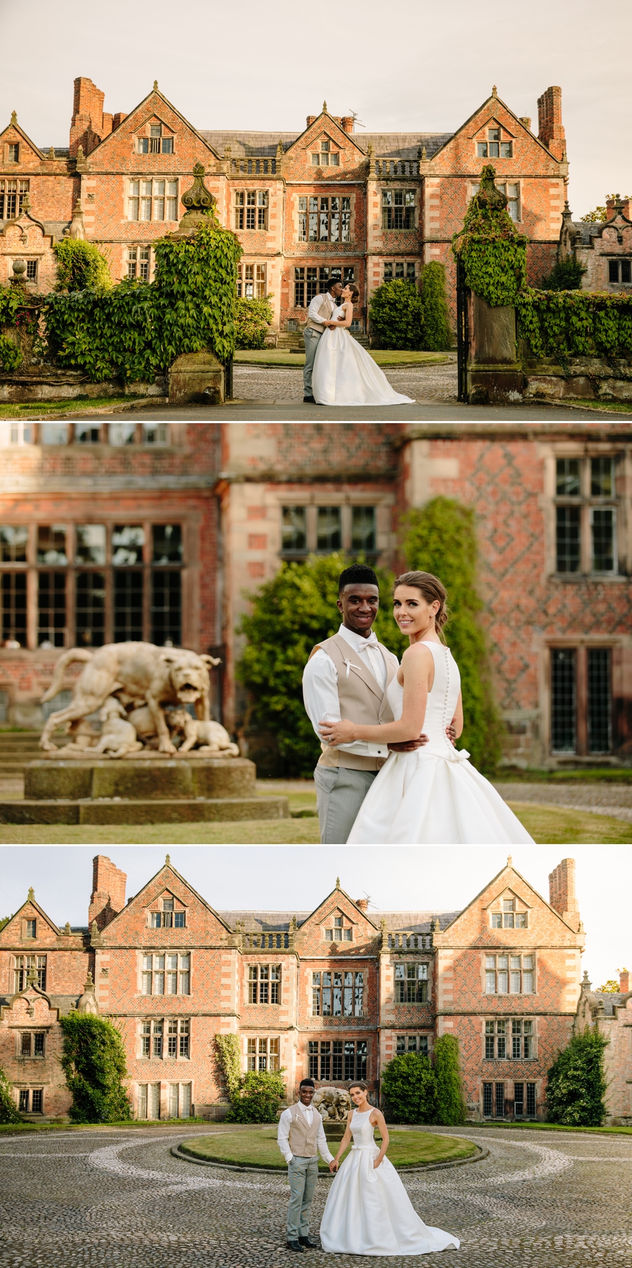 Bride and groom in front of Dorfold Hall