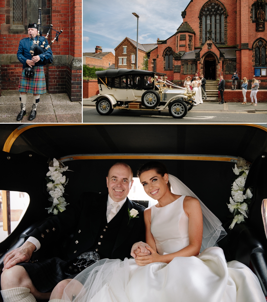 Bagpipes and the bride arriving in the wedding car