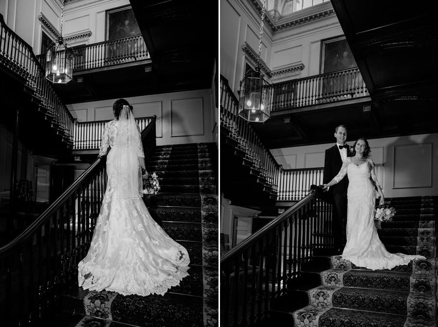 Bride & Groom on the Stairs at Tabley House