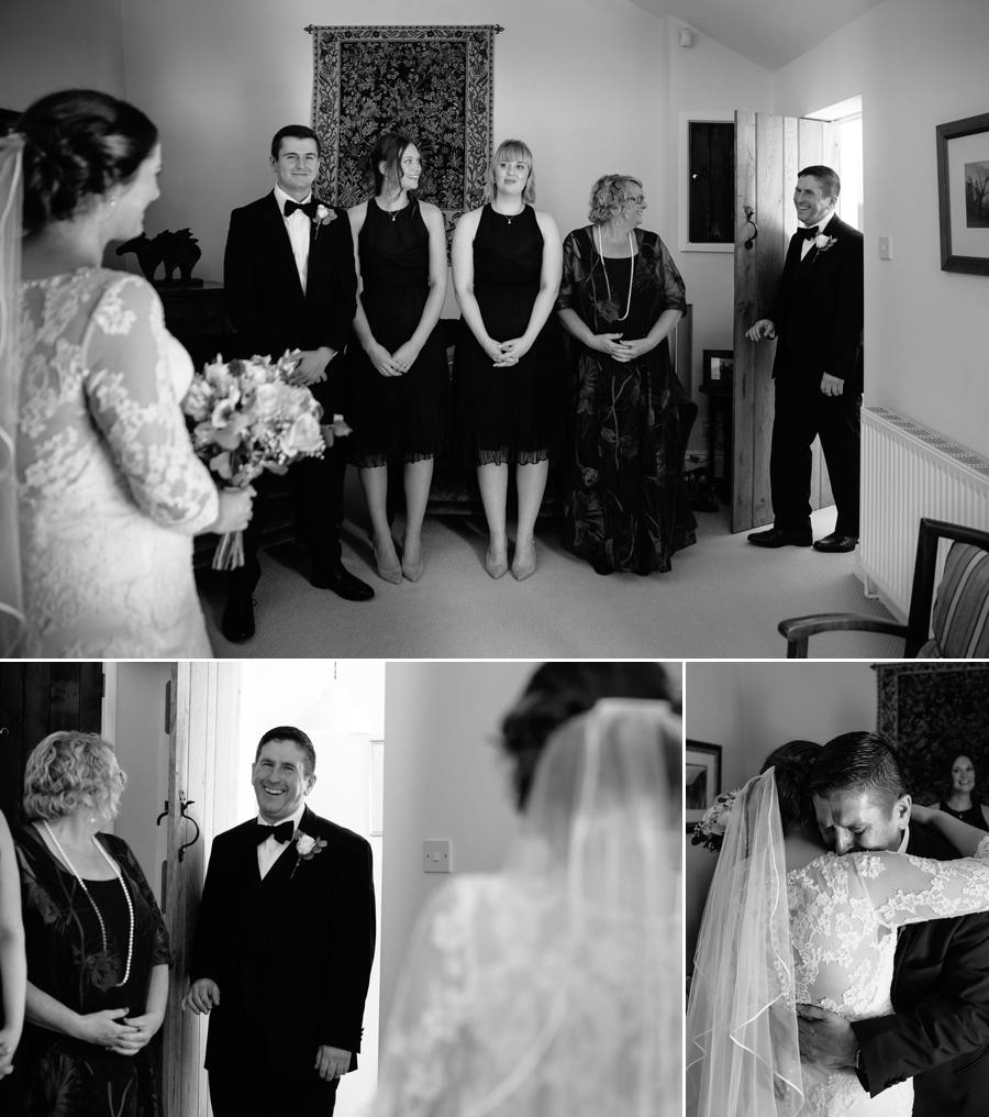 Tabley House Wedding - Father of the bride seeing his daughter for the first time on the day of the wedding