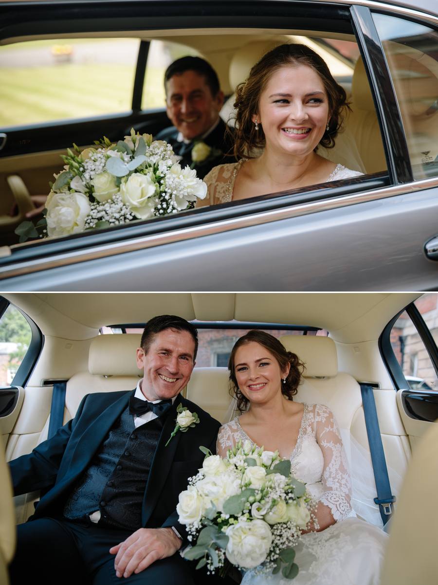 The bride and her father arriving in the wedding car at Tabley House