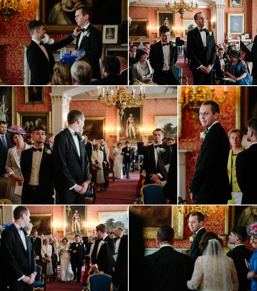 The groom waiting for the bride as she walks up the aisle at Tabley House