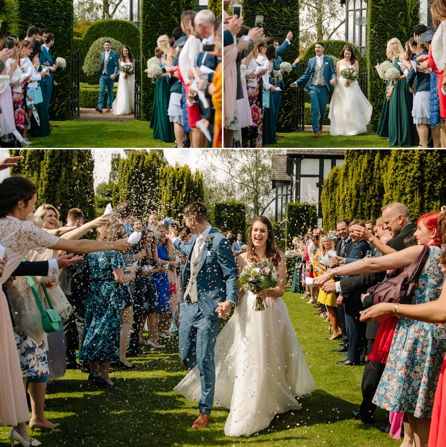 Bride and Groom being showered in confetti