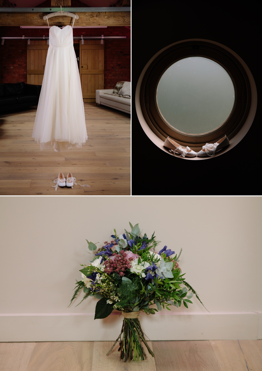 Brides wedding dress hanging from a beam and clever shoe picture with brides bouquet