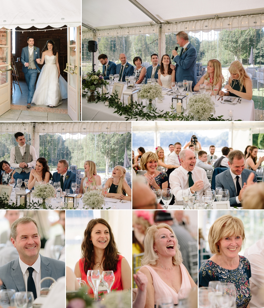 Wedding guests laughing during the speeches