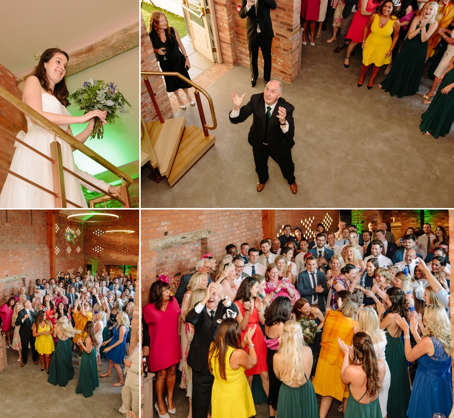 The bride throwing her bouquet with her grandfather joining in