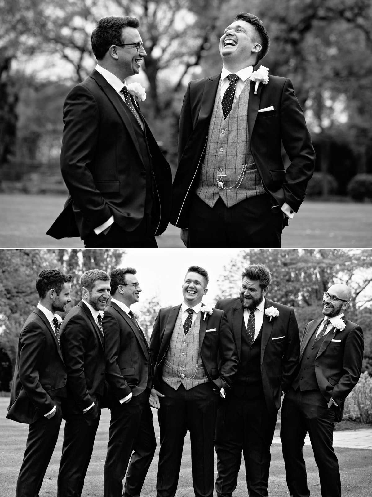 Fun wedding - groom laughing with his groomsmen