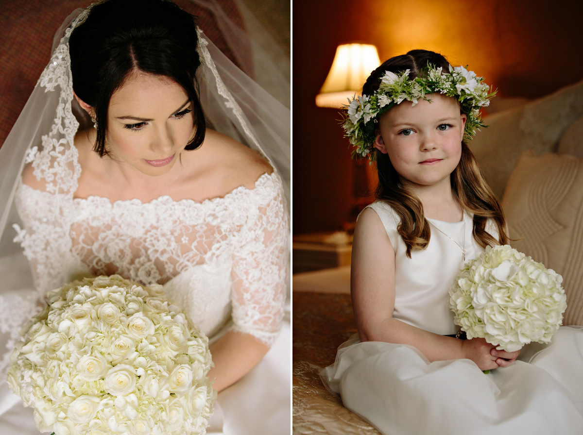 Bride with her pretty flower girl on the morning of the wedding
