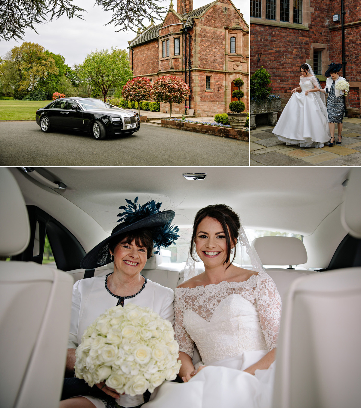 Bride with her mum leave for the wedding ceremony in luxury Rolls Royce