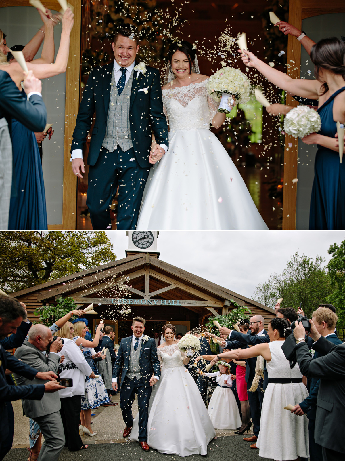 Amazing fun as guests shower the bride and groom with wedding confetti