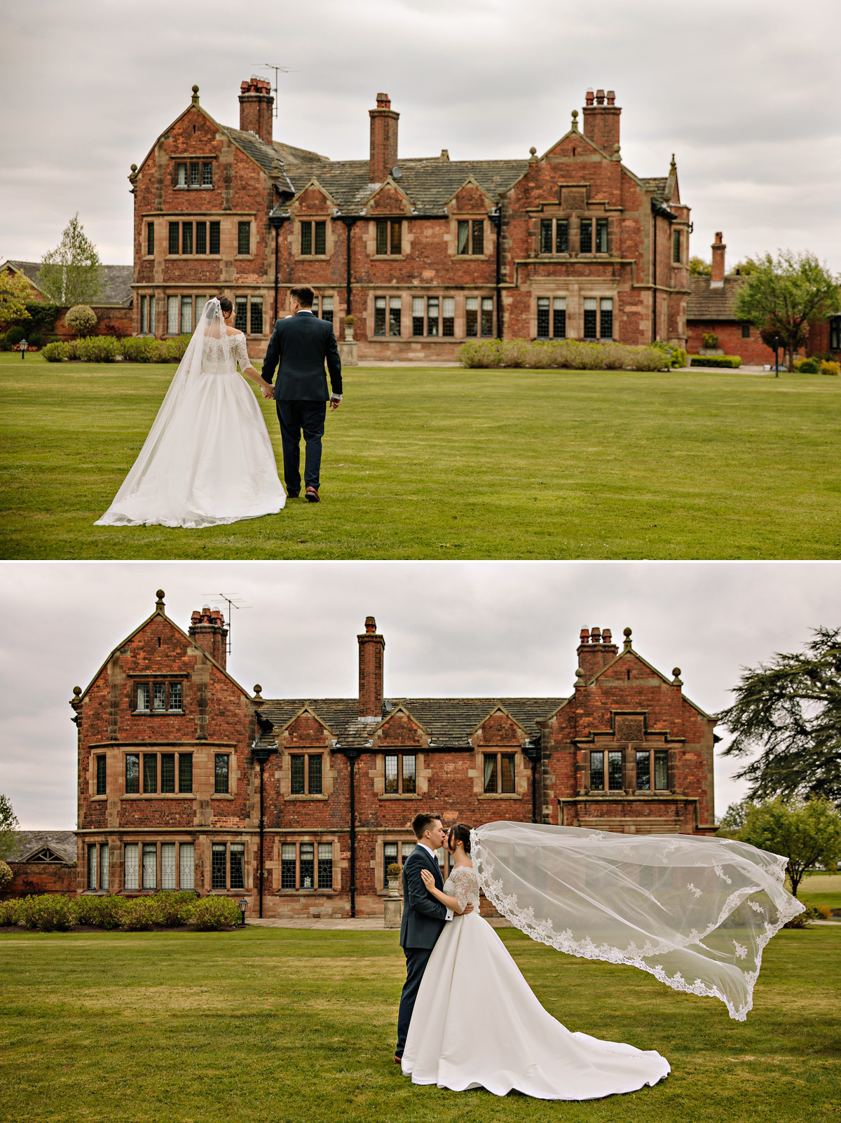 Brides wedding veil blowing in the wind as she shares an intimate moment with her new husband