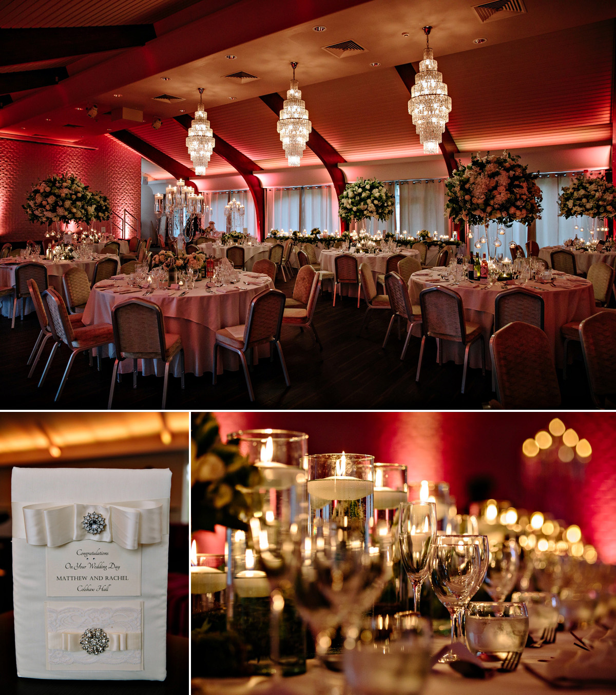 The stunning wedding breakfast room and details with flowers and candles