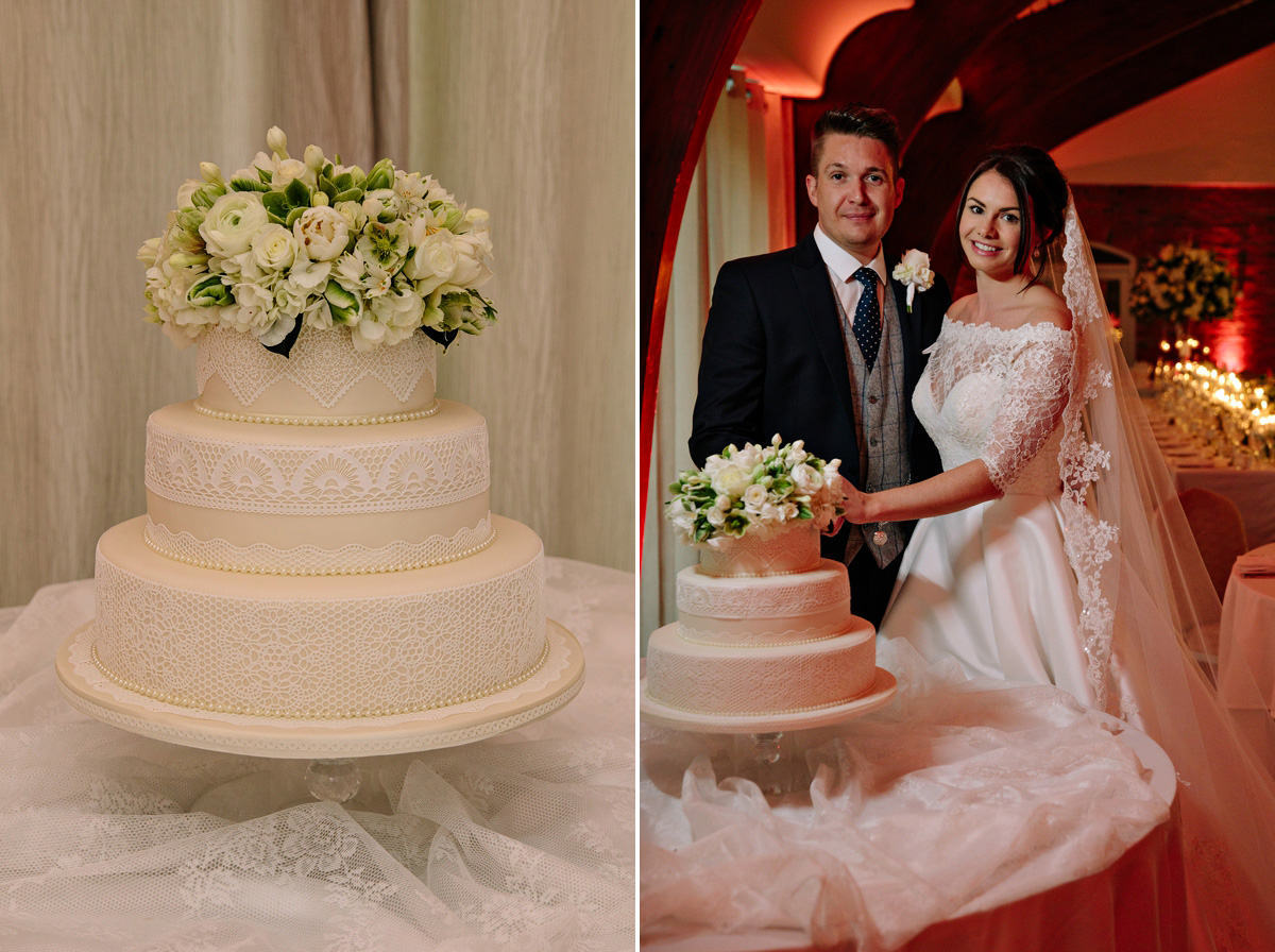 The Bride and Groom cutting their three tier wedding cake