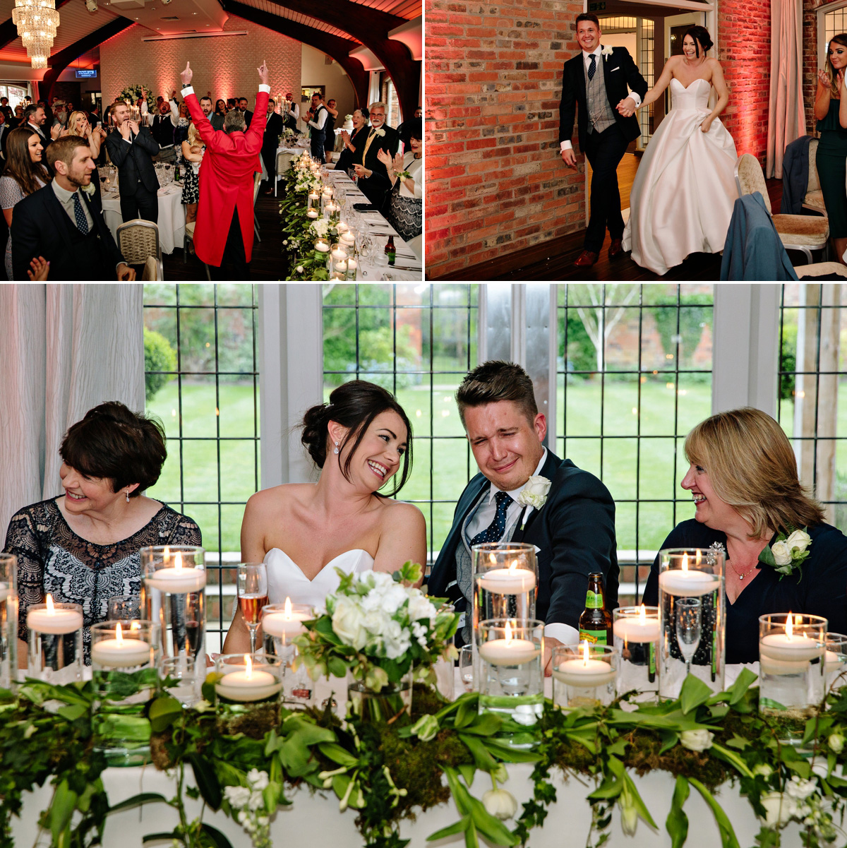 Wedding guests cheer loudly as the Bride and Groom are announced into their wedding breakfast