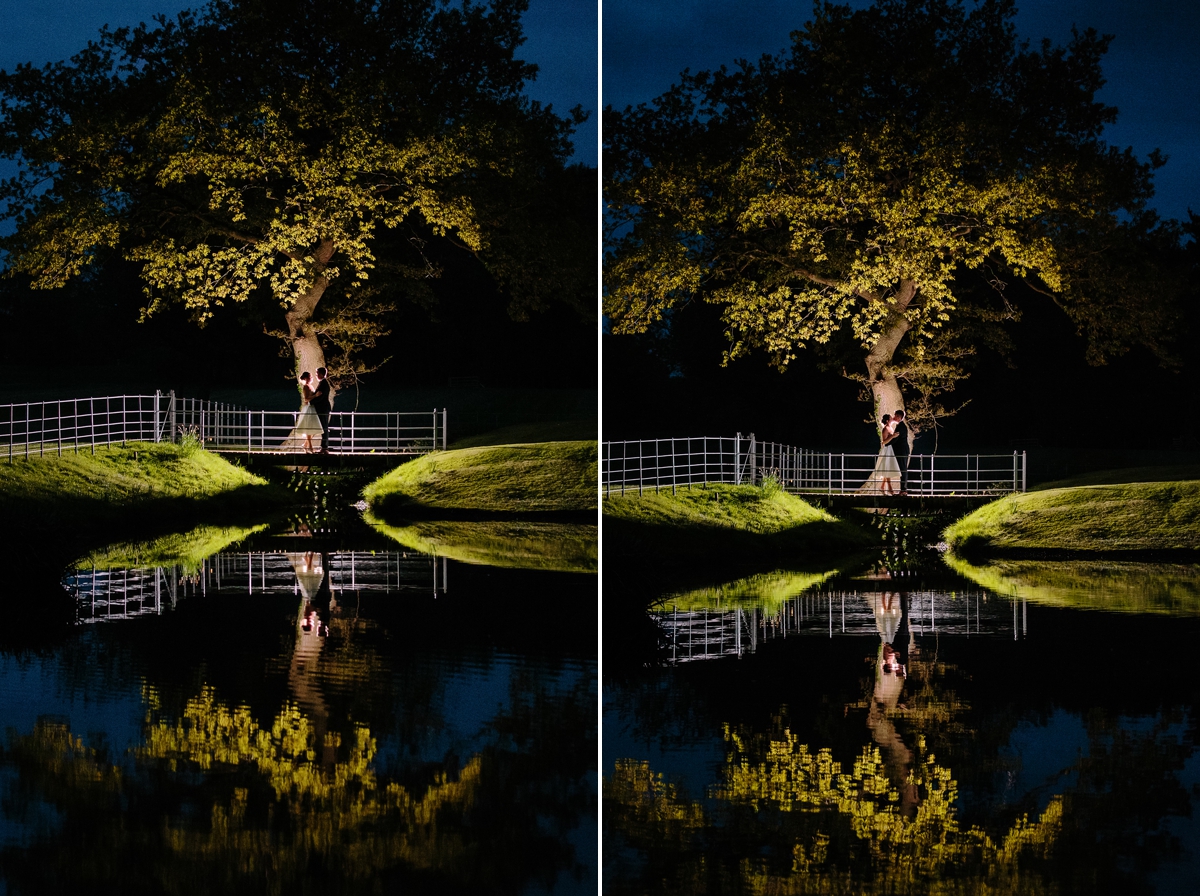 Bride and Grooms reflection in the lake at night - beautiful wedding