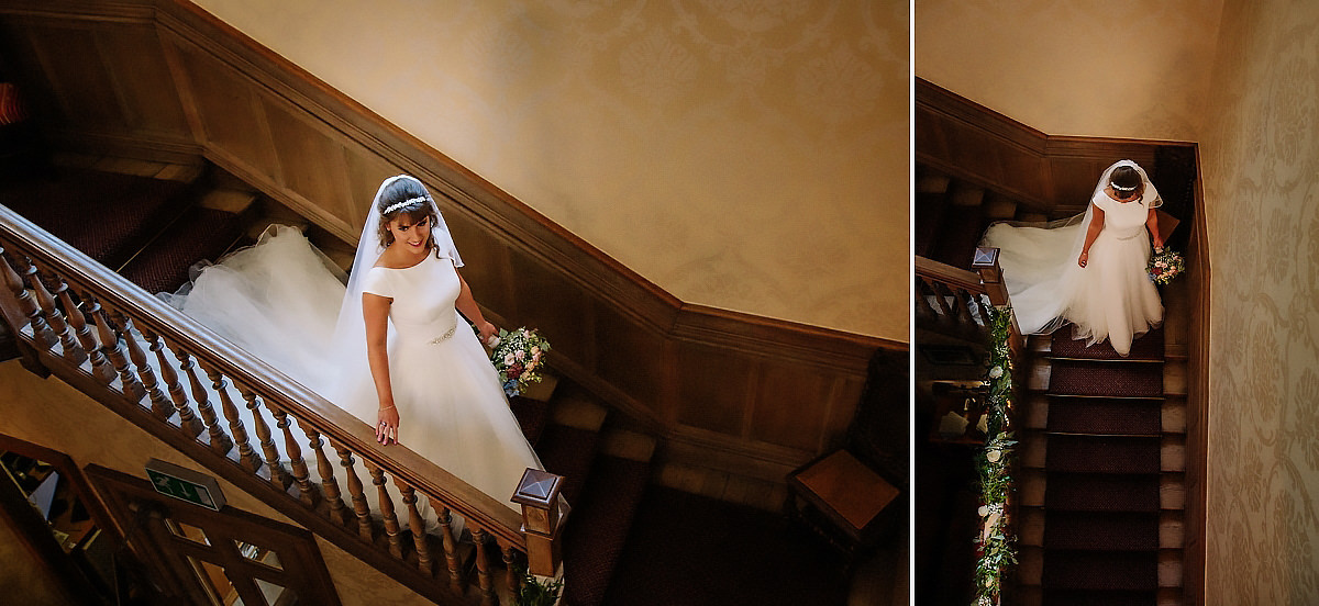 Bride coming down staircase Willington Hall