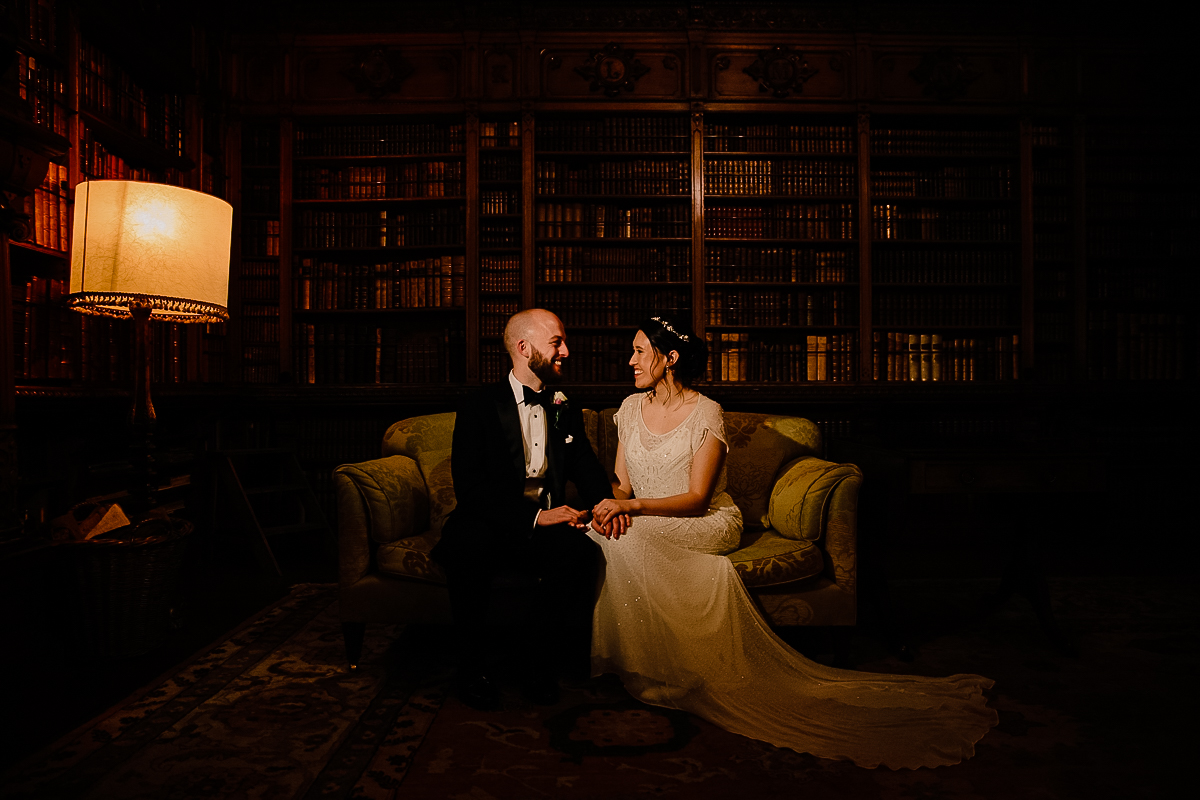 Inside the Library at Arley Hall with the Bride and Groom at their wedding