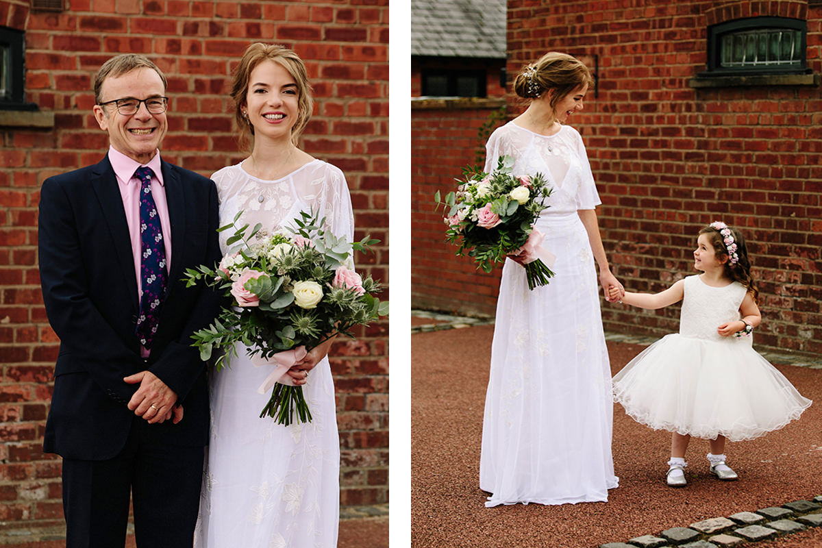 Bride with her dad and flower girl before getting married