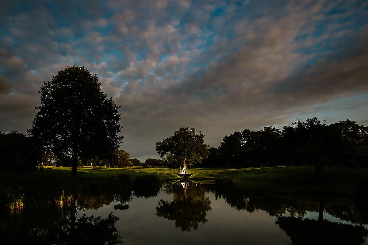 Twilight over the lake at Colshaw Hall wedding photography