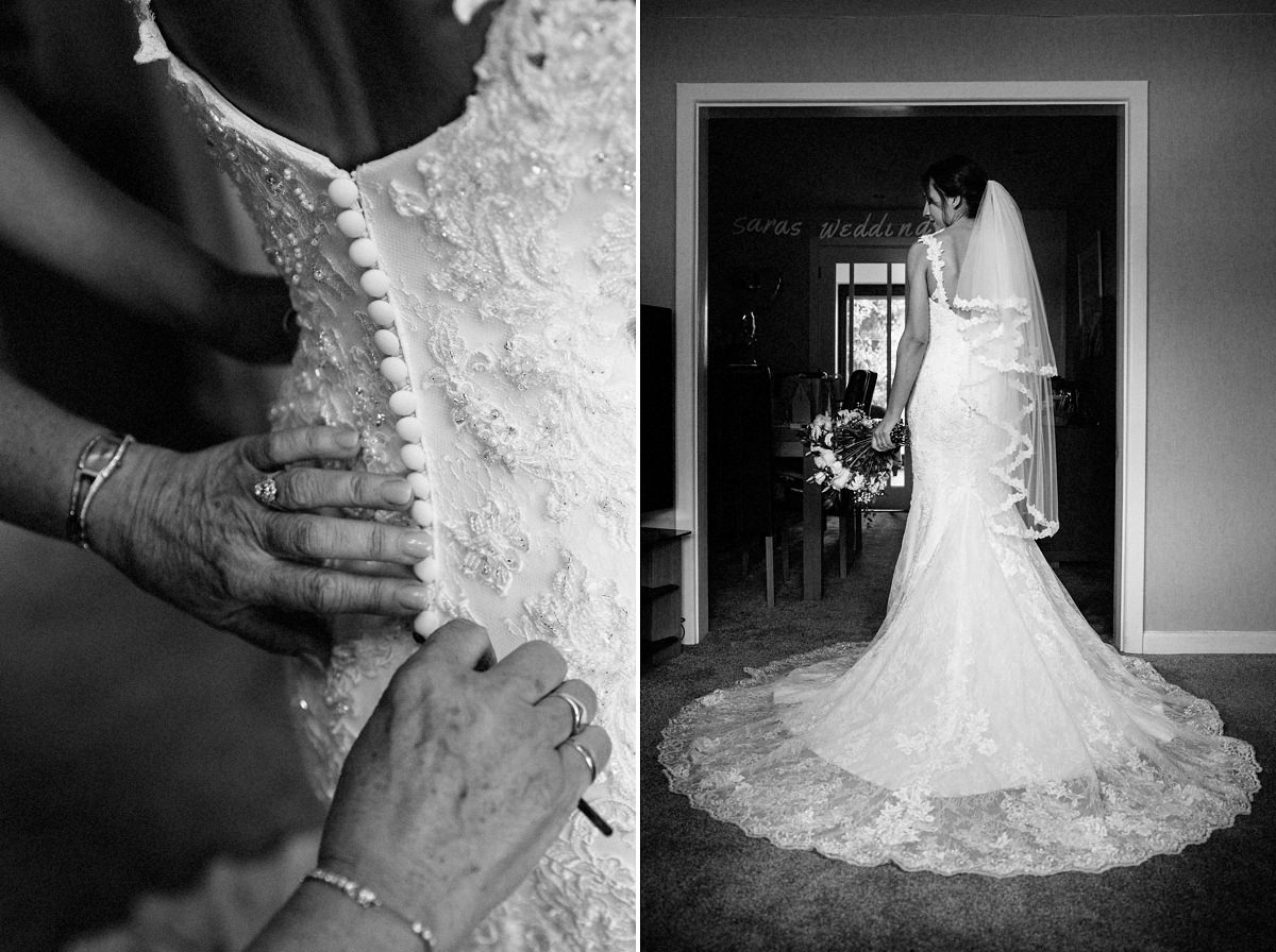 Bride getting in her wedding dress