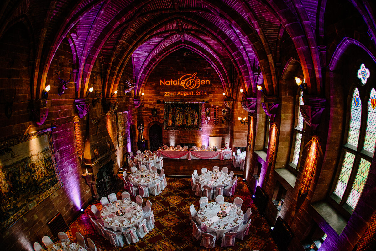 The Great Hall at Peckforton Castle dressed for a lavish wedding breakfast